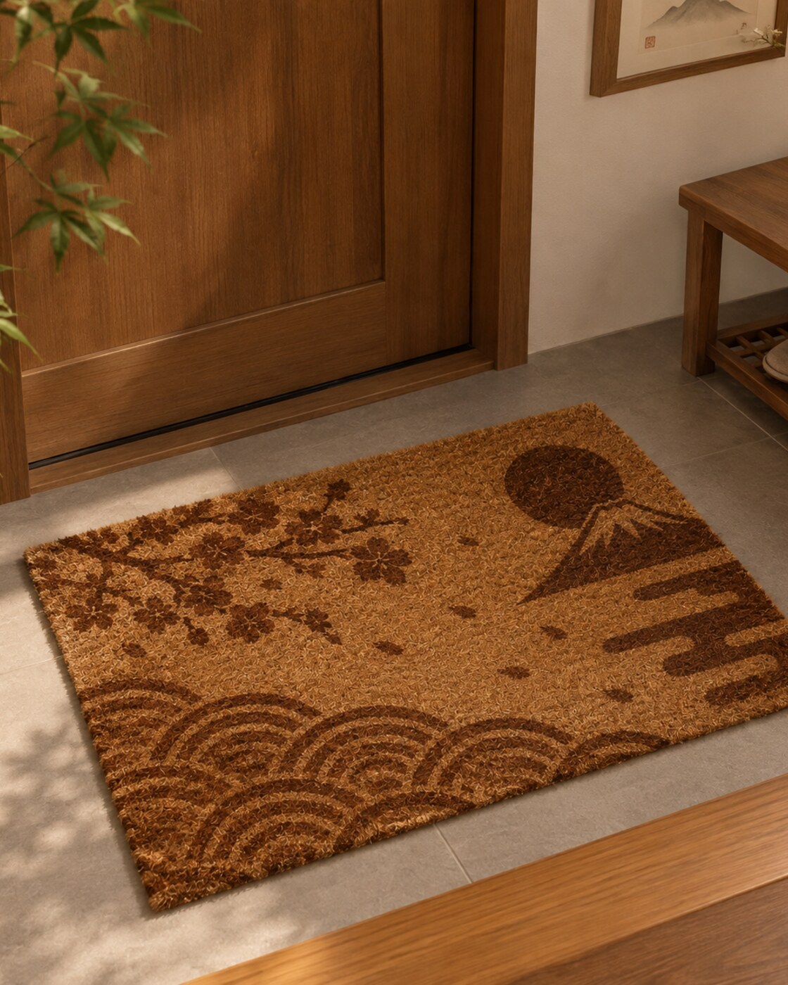 Kayer coir doormat with a Japanese-inspired sun, mountain and cherry blossom design at a wooden entryway