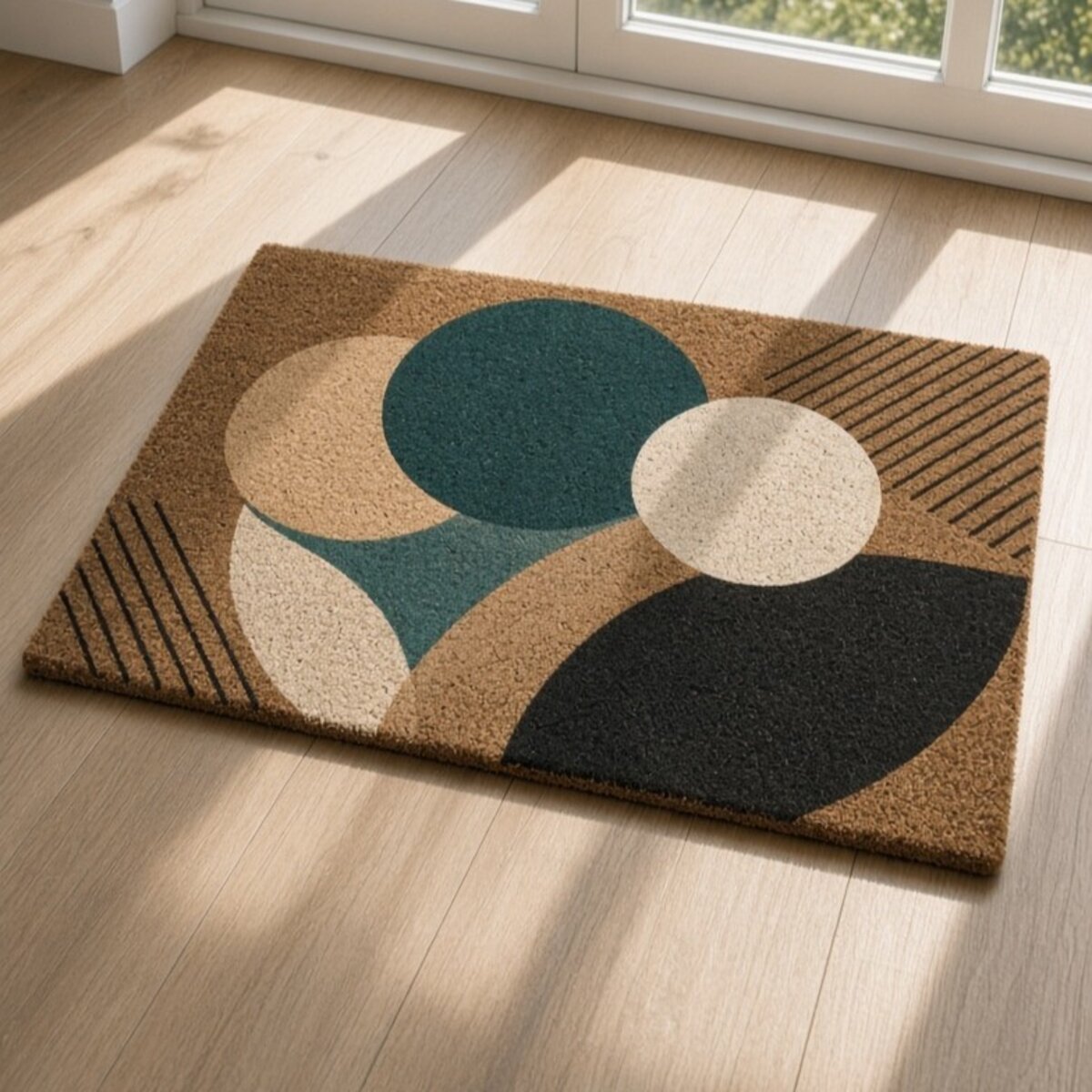 Printed coir mat with abstract geometric circles