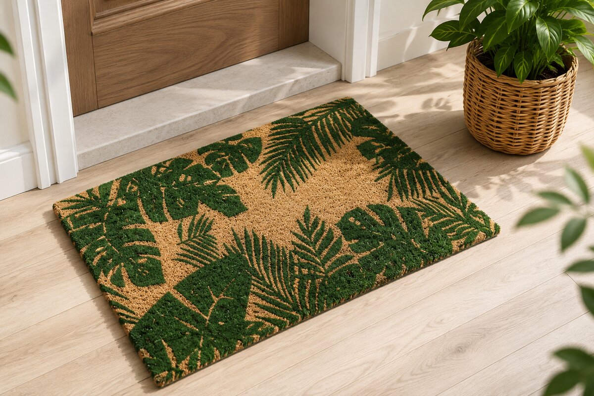 Printed coir mat with tropical leaf pattern