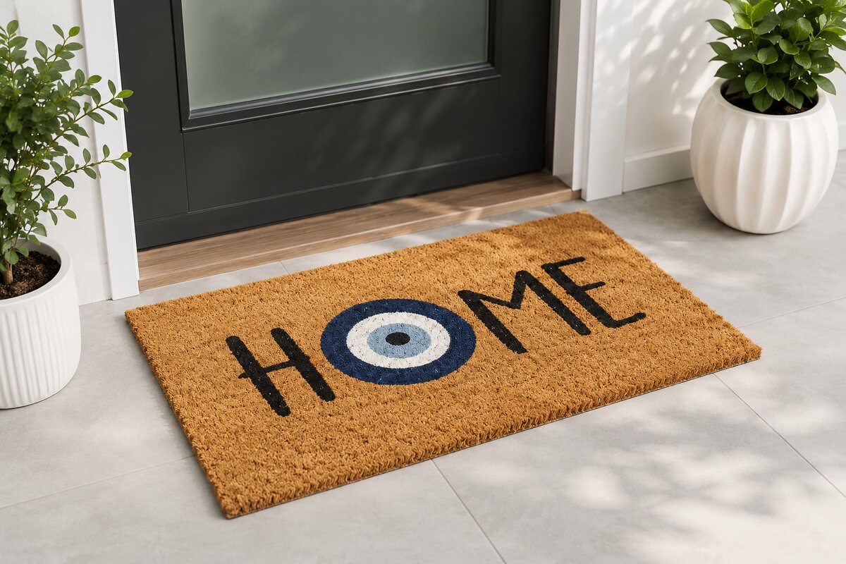 Printed coir mat with HOME lettering and evil eye motif