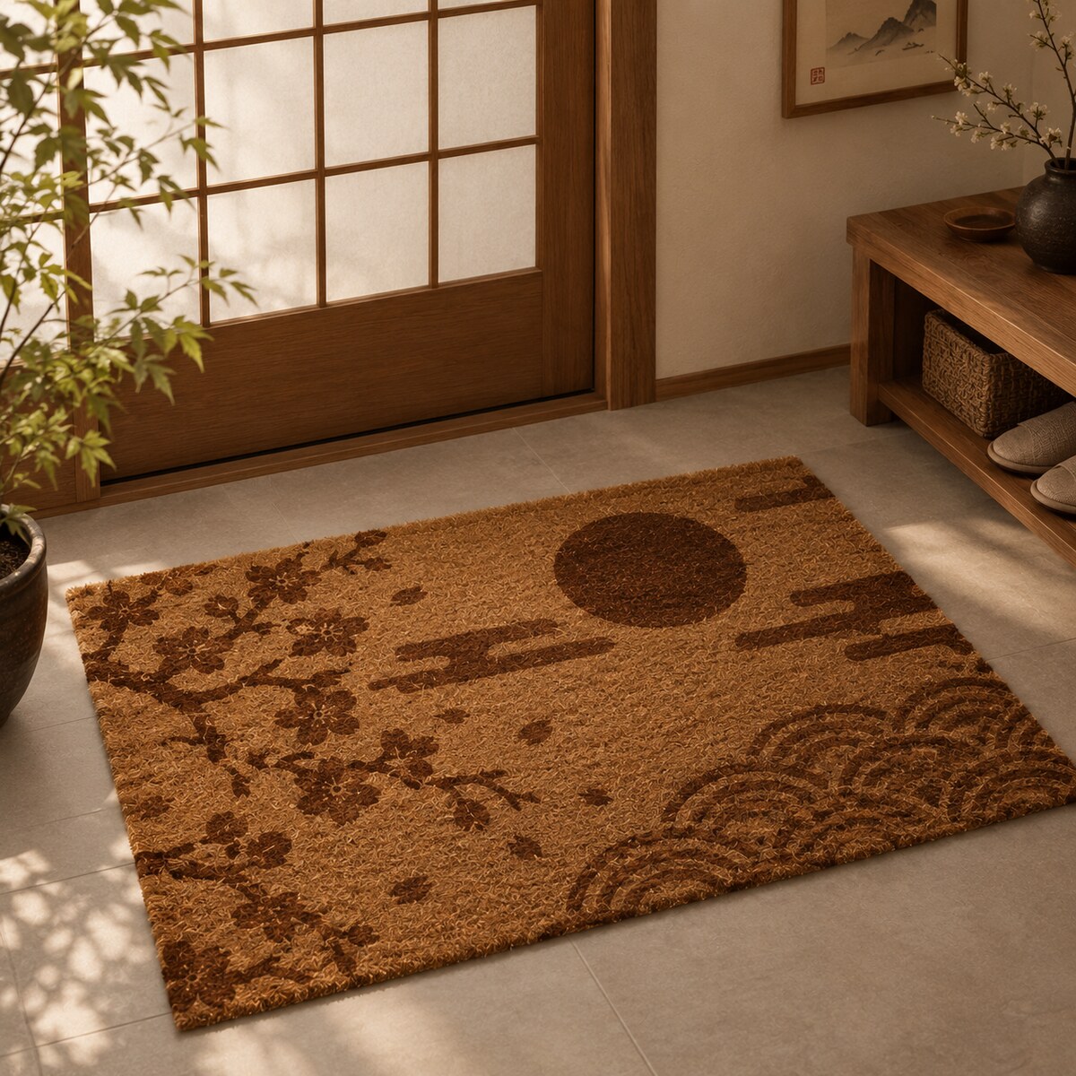 Printed coir mat with Japanese-style sunrise, cherry blossom and wave pattern in brown tones
