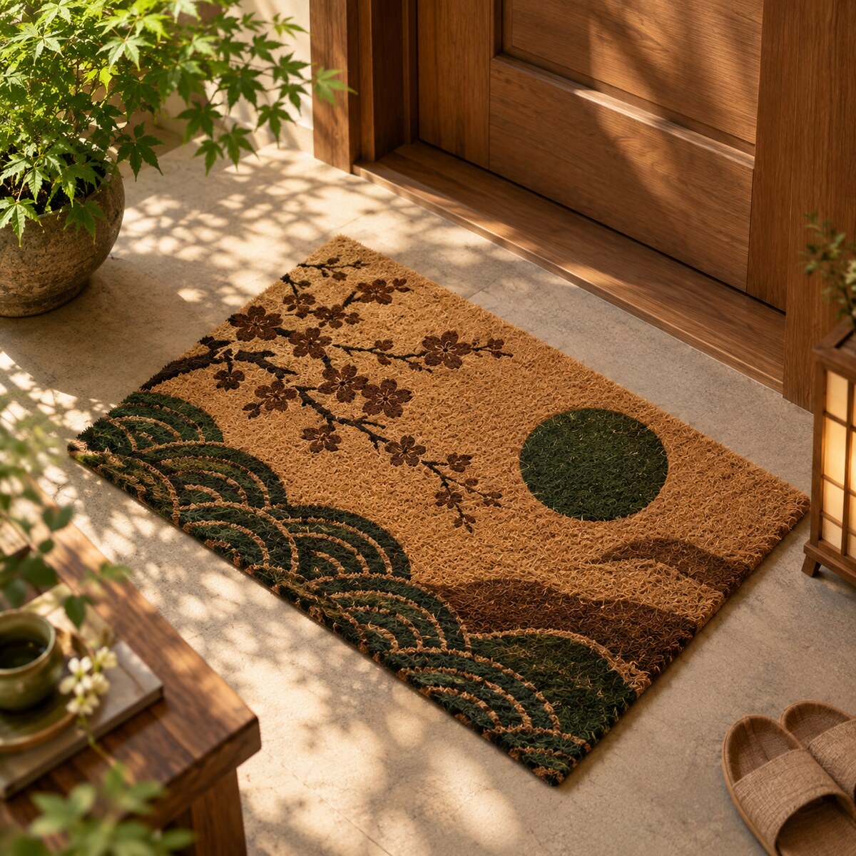 Printed coir mat with Japanese-style cherry blossom and wave pattern in green tones