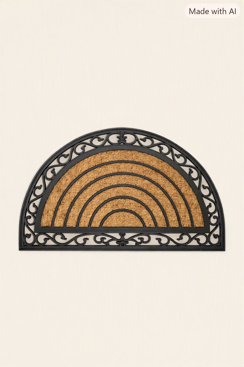Half-round rubber and coir mat with scrollwork border