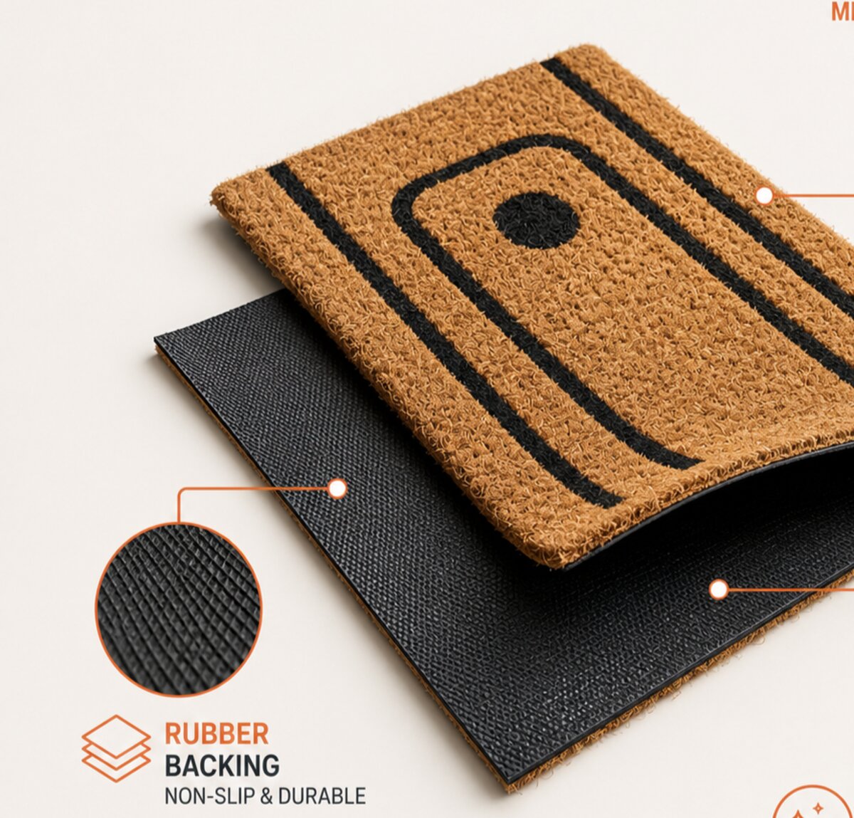 PVC-backed coir mat construction detail showing rubber backing